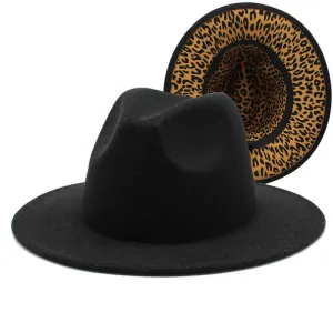 F4036 Thickened Men's and Women's Top Hat Two-Color Leopard Print  Inside  Jazz Fedora Hat Large Brim Double-Sided Woolen Leopard Print Lining Felt Cap