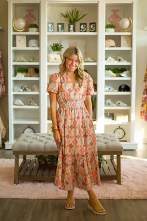 Fall Pattern Puff Sleeve Midi Dress