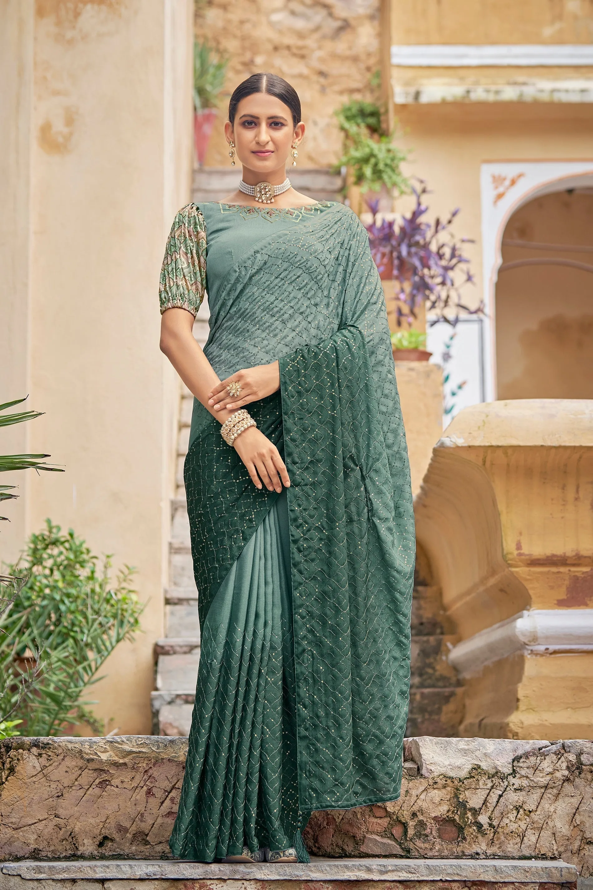 Fancy Green Color Sequence Thread Work Chinon Saree