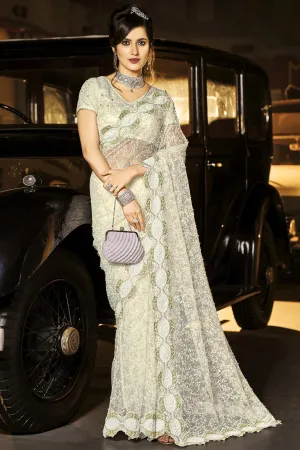 Fancy Pearl White Net Designer Saree