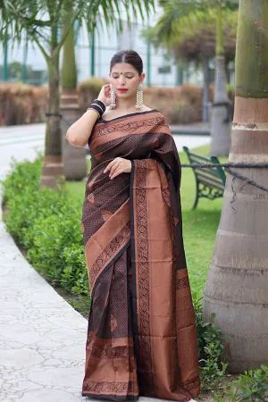 Fantabulous Black Soft Banarasi Silk Saree With Energetic Blouse Piece