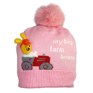 Farm house Baby Knitted Cap With Faux Fur- Pink