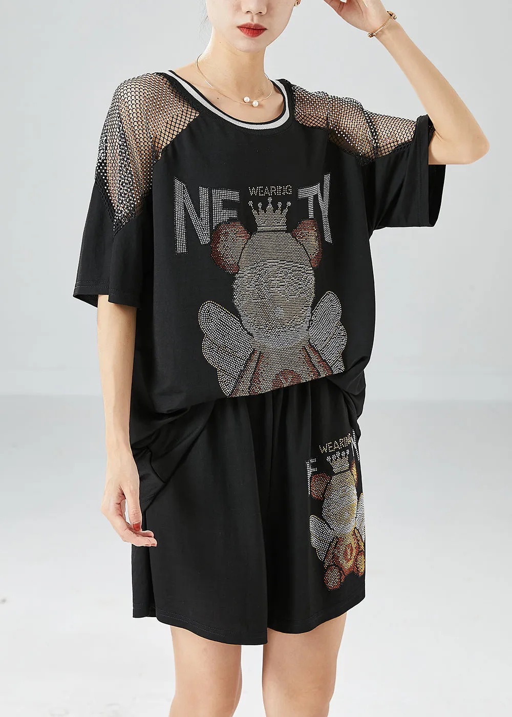 Fashion Black Bear Oversized Patchwork Hollow Out Two Pieces Set Summer LY6142