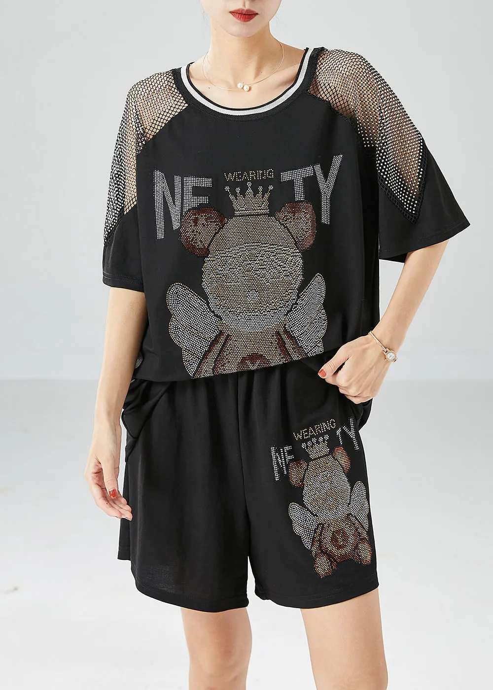 Fashion Black Bear Oversized Patchwork Hollow Out Two Pieces Set Summer LY6142