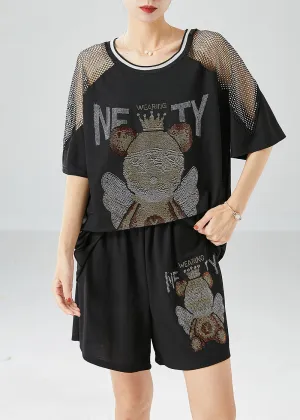 Fashion Black Bear Oversized Patchwork Hollow Out Two Pieces Set Summer LY6142