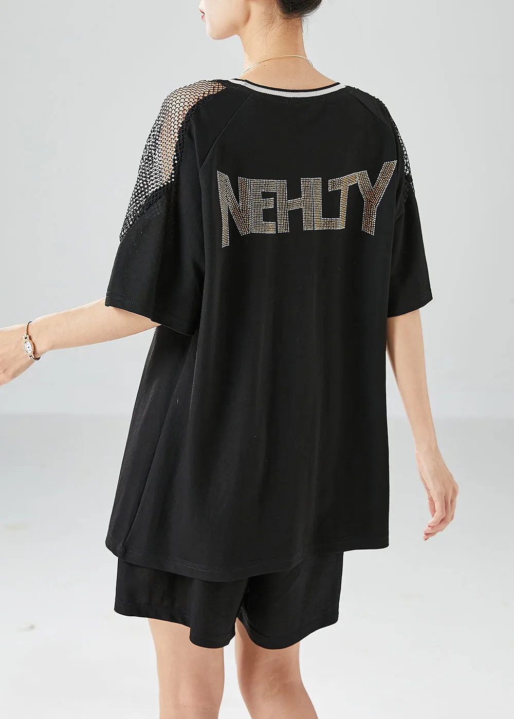 Fashion Black Bear Oversized Patchwork Hollow Out Two Pieces Set Summer LY6142