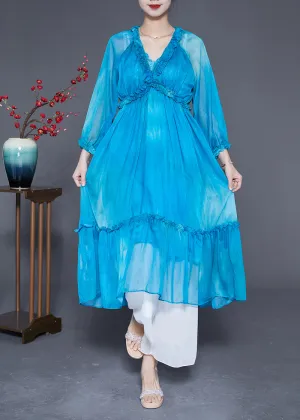 Fashion Blue Ruffled Exra Large Hem Silk Vacation Dresses Summer LY2896