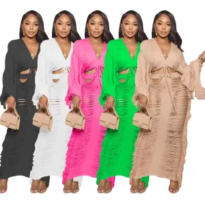 Fashion knitted hollow out long sleeved skirt set（AY2991