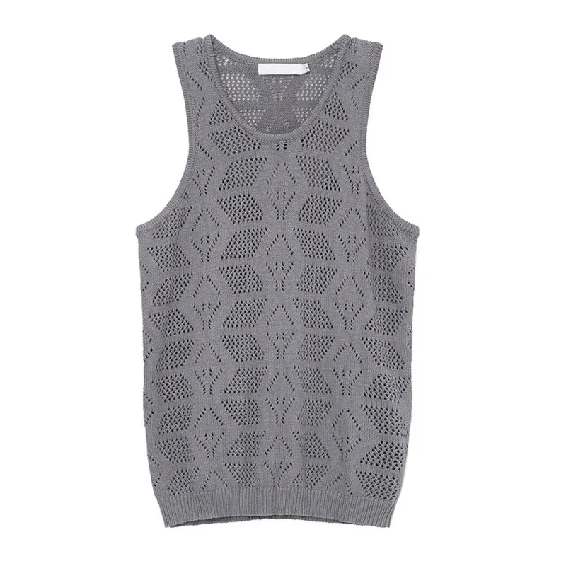 Fashion Men's Tank Tops Hollow Out Kintting T-shirt O-neck Sleeveless Casual Tee Solid Color Summer Korean Style 9C6577