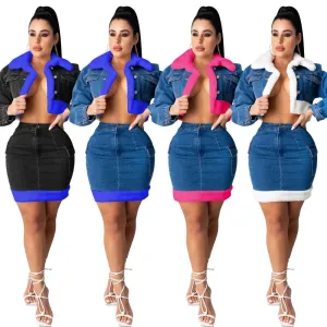 Fashion plush denim skirt two-piece suit（AY1474）