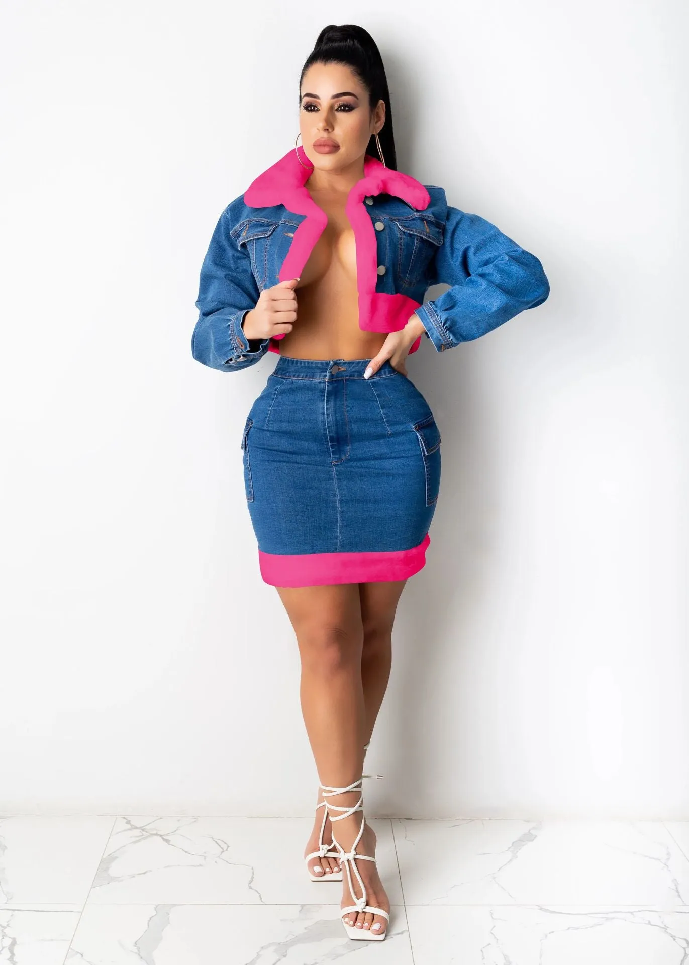 Fashion plush denim skirt two-piece suit（AY1474）