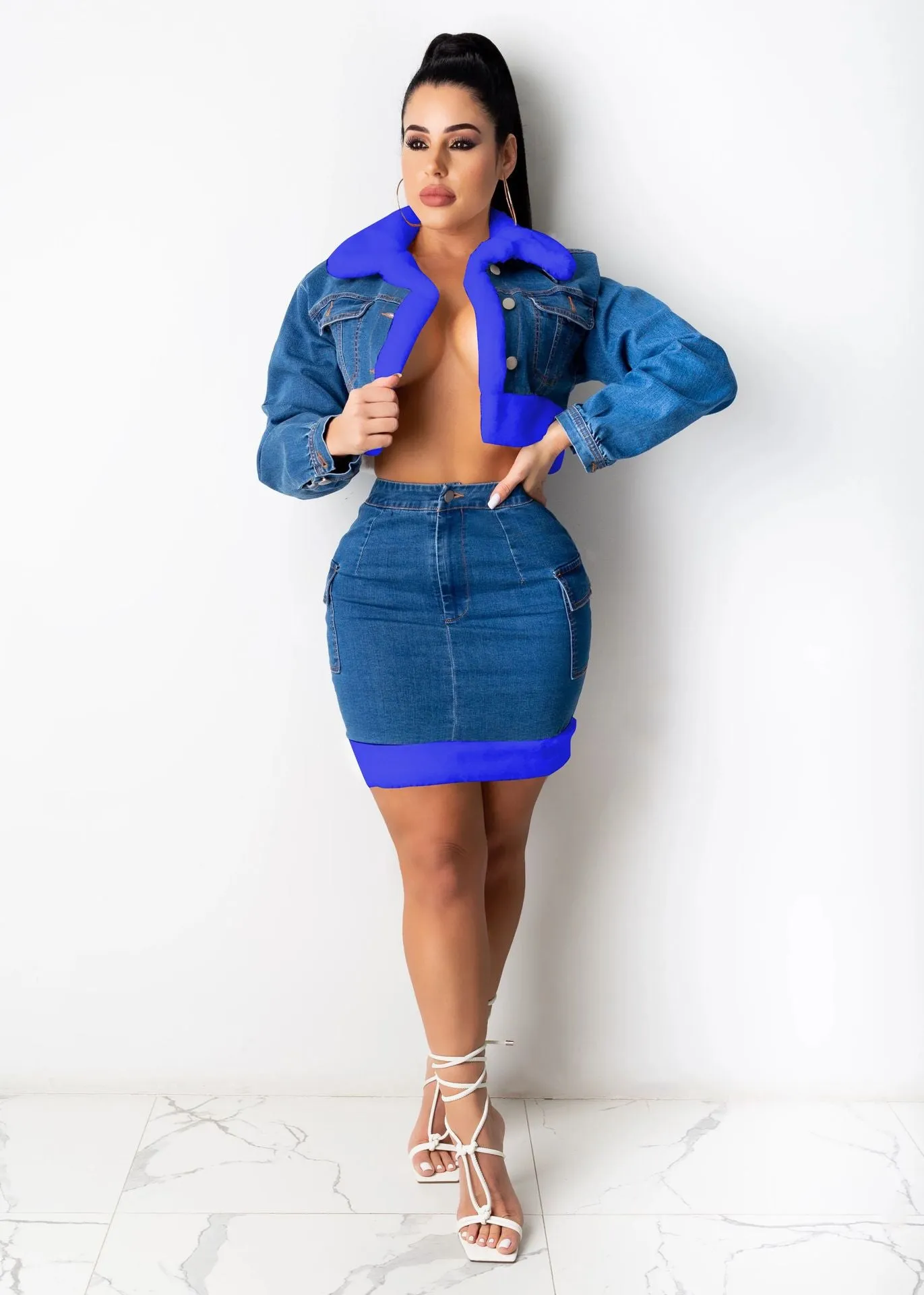 Fashion plush denim skirt two-piece suit（AY1474）
