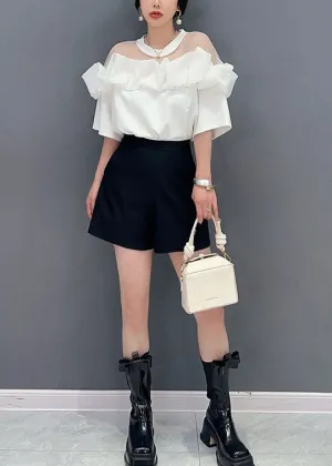 Fashion White O Neck Ruffled Tulle Patchwork Cotton Mid Dress Summer LY5739