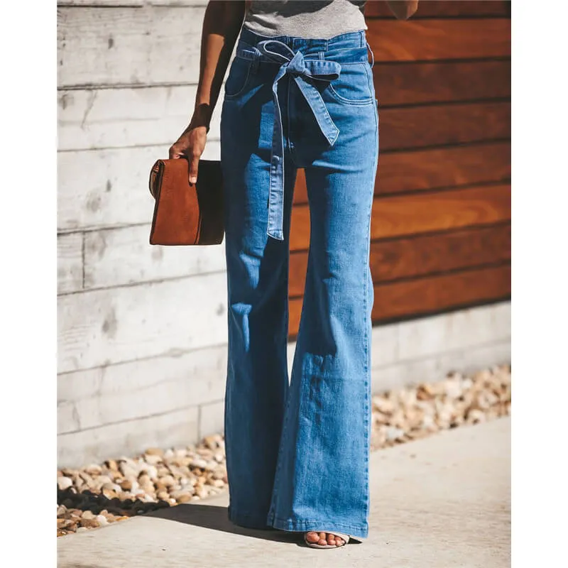 Fashion Women's Lace up Flare Bell Bottom Jeans Wide-leg