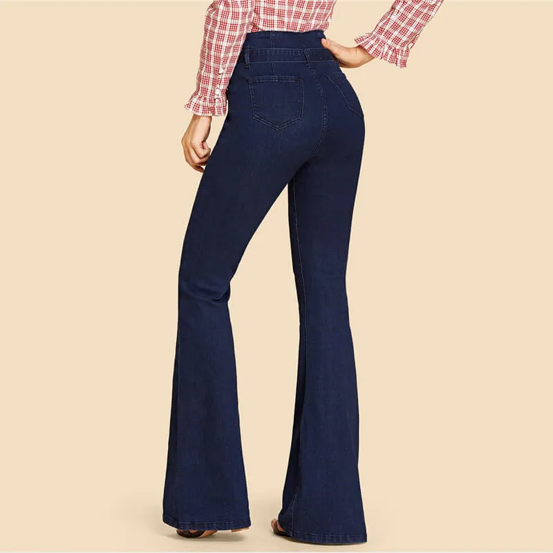 Fashion Women's Lace up Flare Bell Bottom Jeans Wide-leg