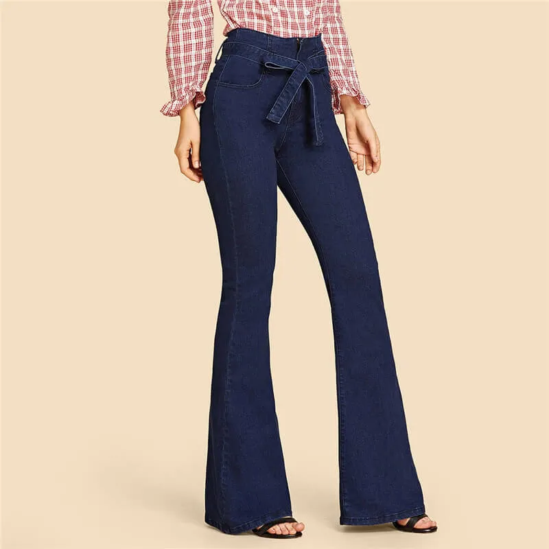 Fashion Women's Lace up Flare Bell Bottom Jeans Wide-leg
