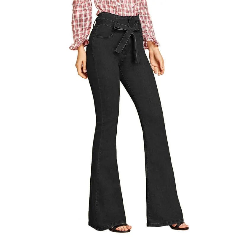 Fashion Women's Lace up Flare Bell Bottom Jeans Wide-leg