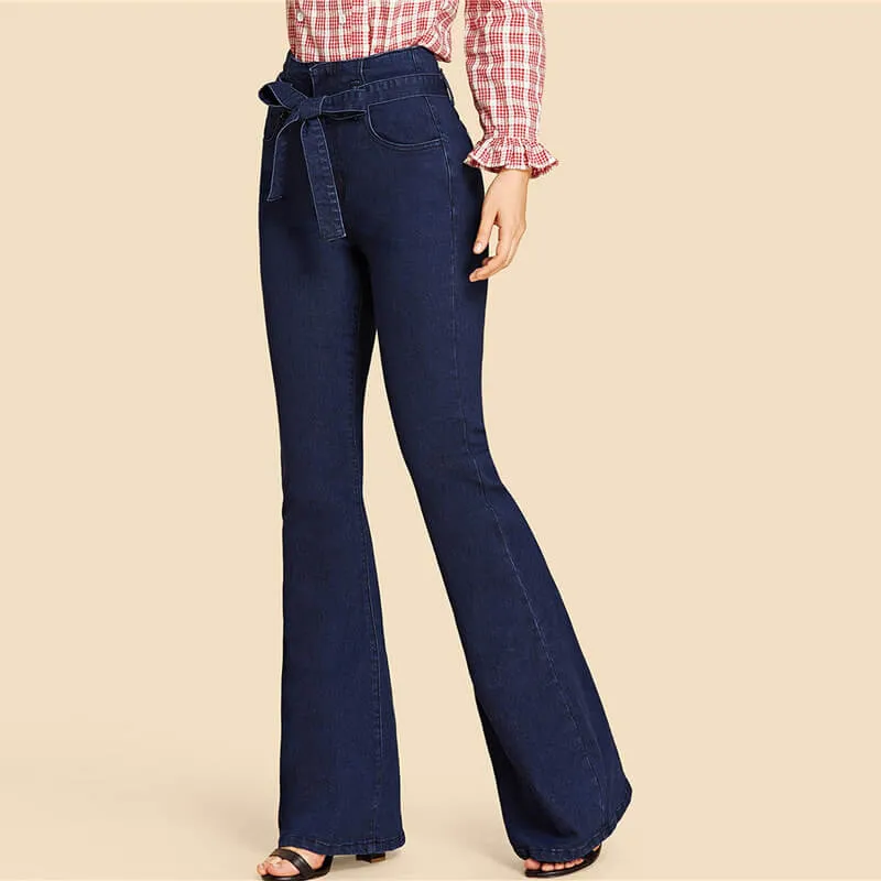 Fashion Women's Lace up Flare Bell Bottom Jeans Wide-leg