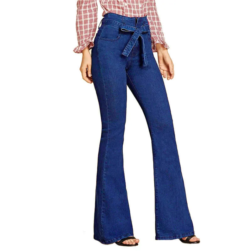 Fashion Women's Lace up Flare Bell Bottom Jeans Wide-leg
