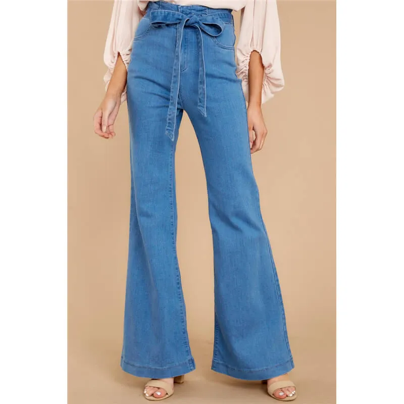 Fashion Women's Lace up Flare Bell Bottom Jeans Wide-leg