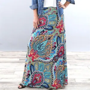 Fashionkova  Women Ethnic Style Long Skirt Spring Autumn Printed Skirts Ladies Casual Big Swing Ankle-Length Skirts Streetwear