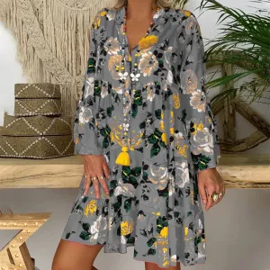 FashionSierra - 2024 Elegant Sexy Long Sleeve Floral V-Neck Boho Dress