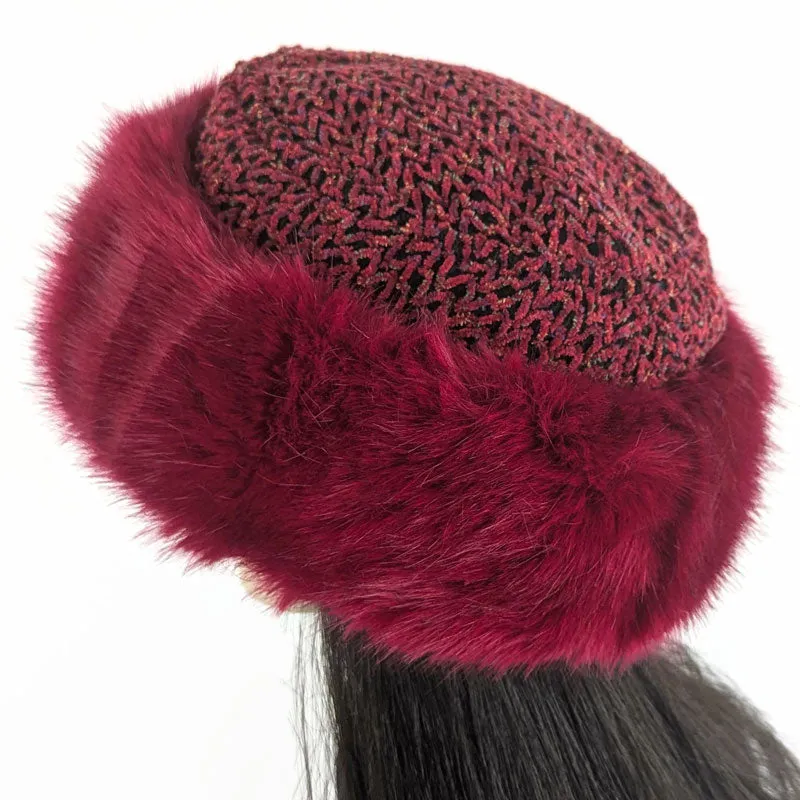 Faux Fur and Fleece Fashion Pillbox Beanie Toque Hat, stylish raspberry fur with chenille tweed