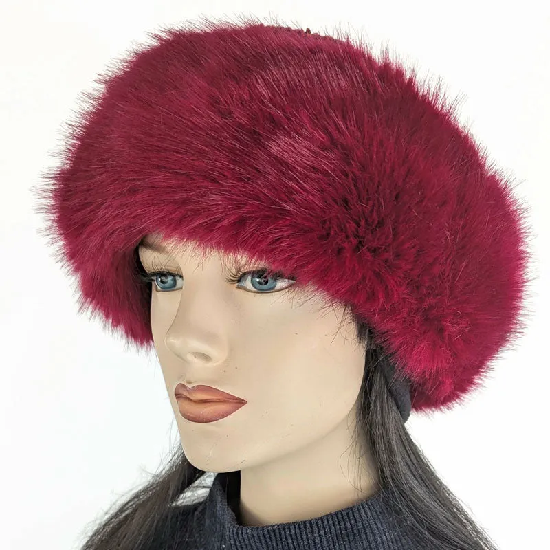 Faux Fur and Fleece Fashion Pillbox Beanie Toque Hat, stylish raspberry fur with chenille tweed