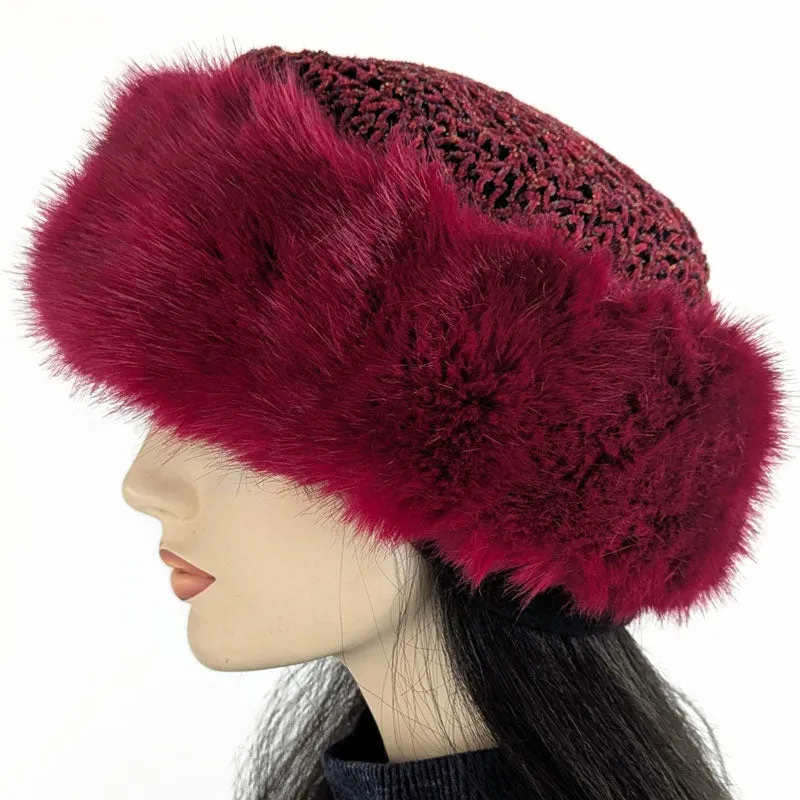 Faux Fur and Fleece Fashion Pillbox Beanie Toque Hat, stylish raspberry fur with chenille tweed