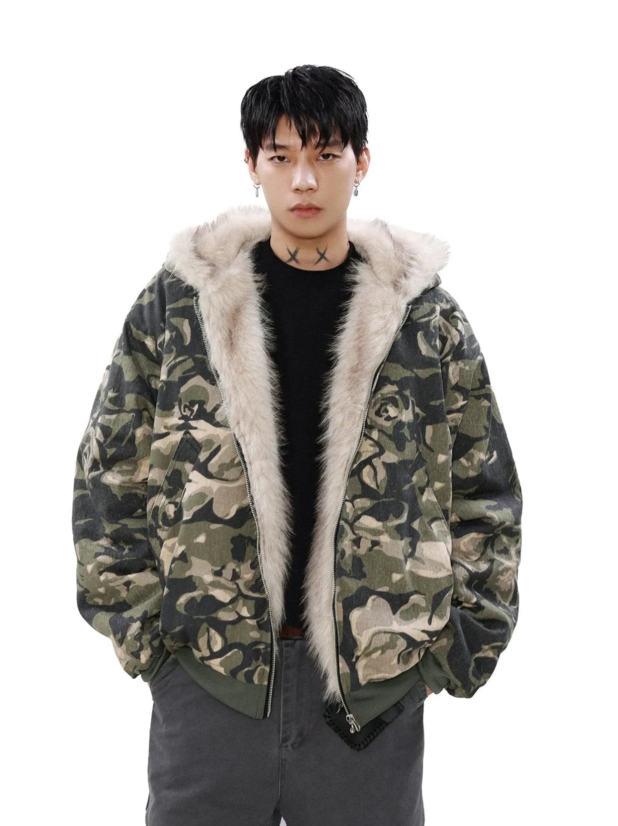 Faux Fur Line Camo Hooded Bomber Jacket