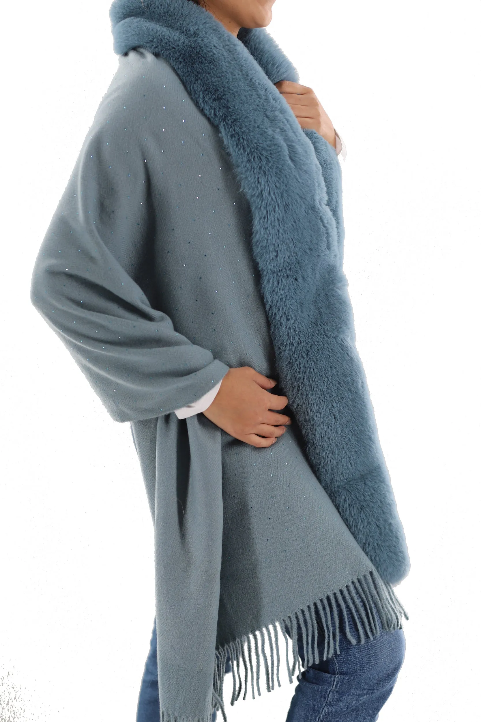Faux fur trim wrap with Embellishments -Light Blue