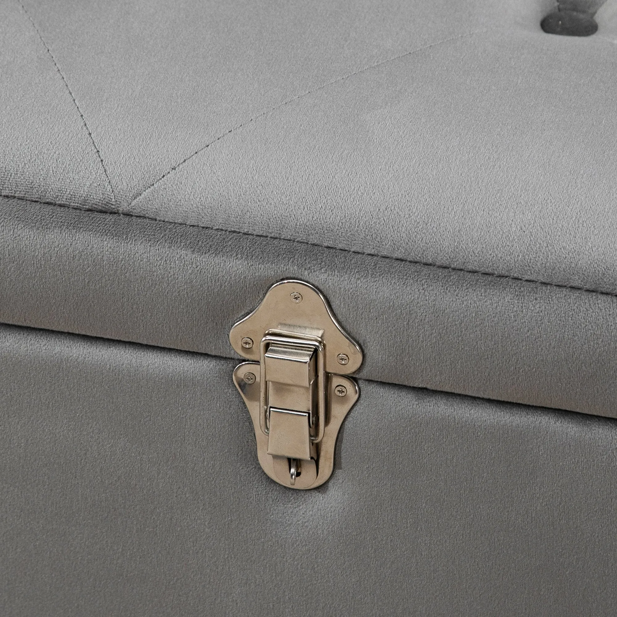 Faux Velvet Tufted Ottoman Trunk w/ Wooden Legs Grey