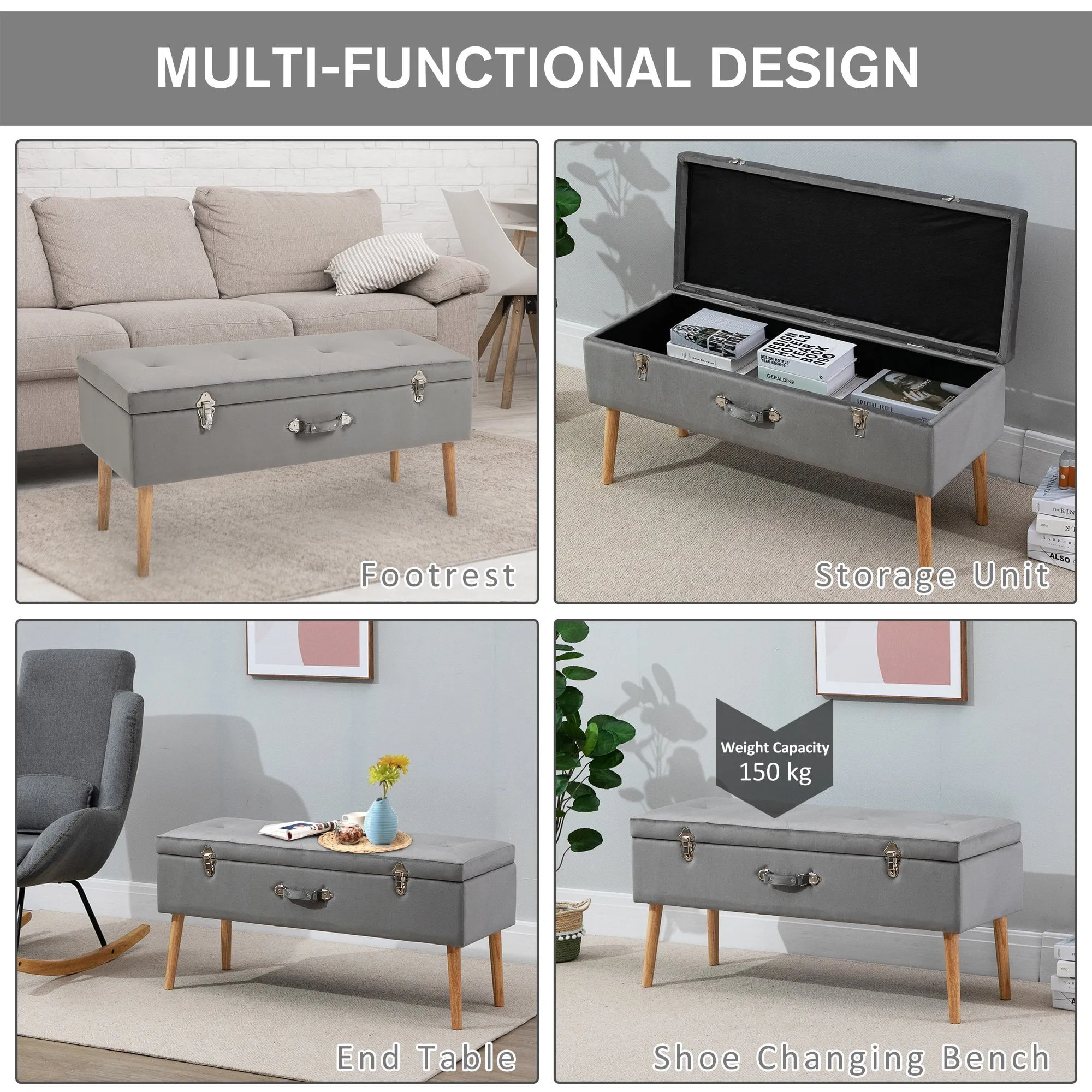 Faux Velvet Tufted Ottoman Trunk w/ Wooden Legs Grey