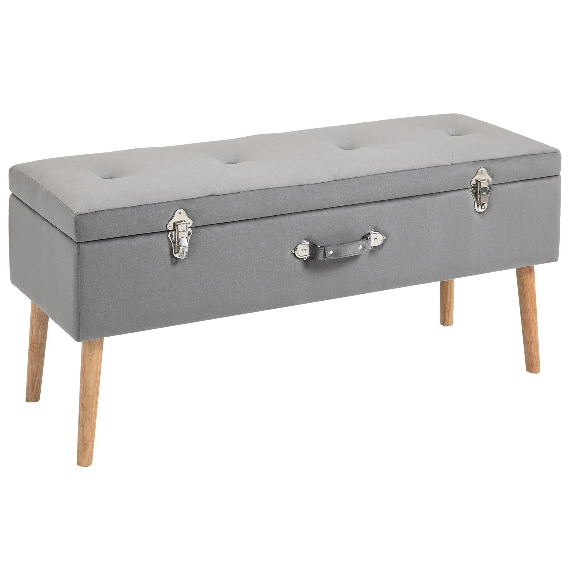 Faux Velvet Tufted Ottoman Trunk w/ Wooden Legs Grey