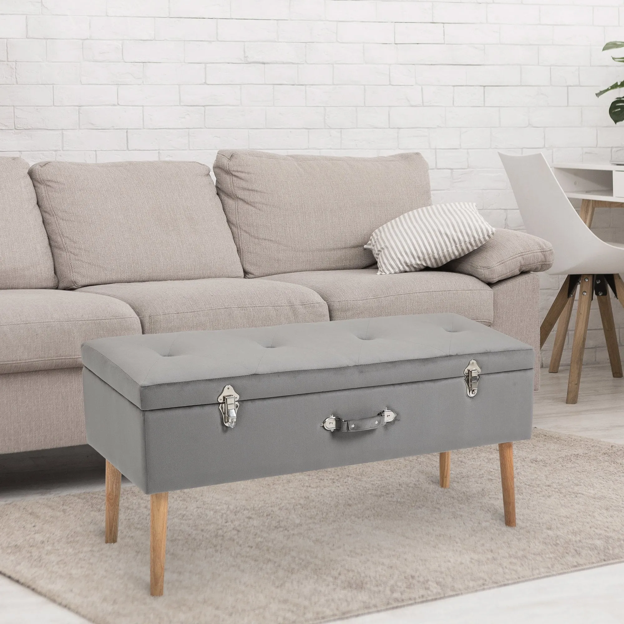 Faux Velvet Tufted Ottoman Trunk w/ Wooden Legs Grey