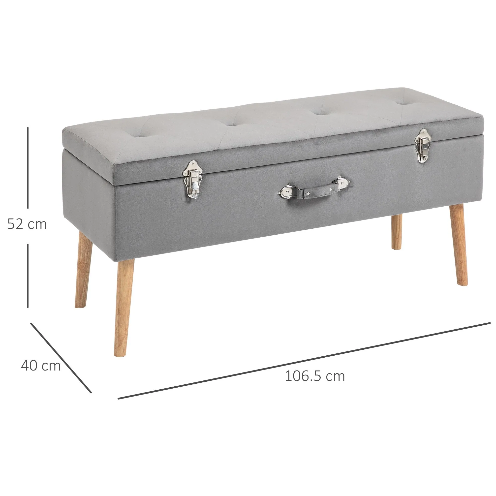 Faux Velvet Tufted Ottoman Trunk w/ Wooden Legs Grey