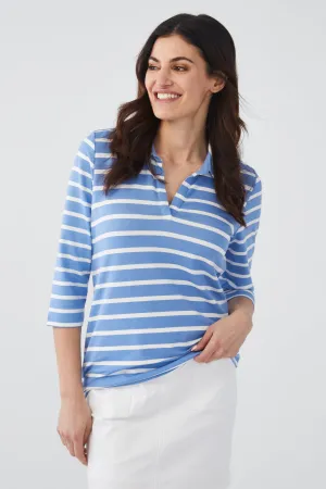 FDJ French Dressing 3/4 Sleeve Polo Top 3269834-TRBLST Tranquil Blue Stripe - 1 ONLY SIZE X-SMALL - 20% OFF