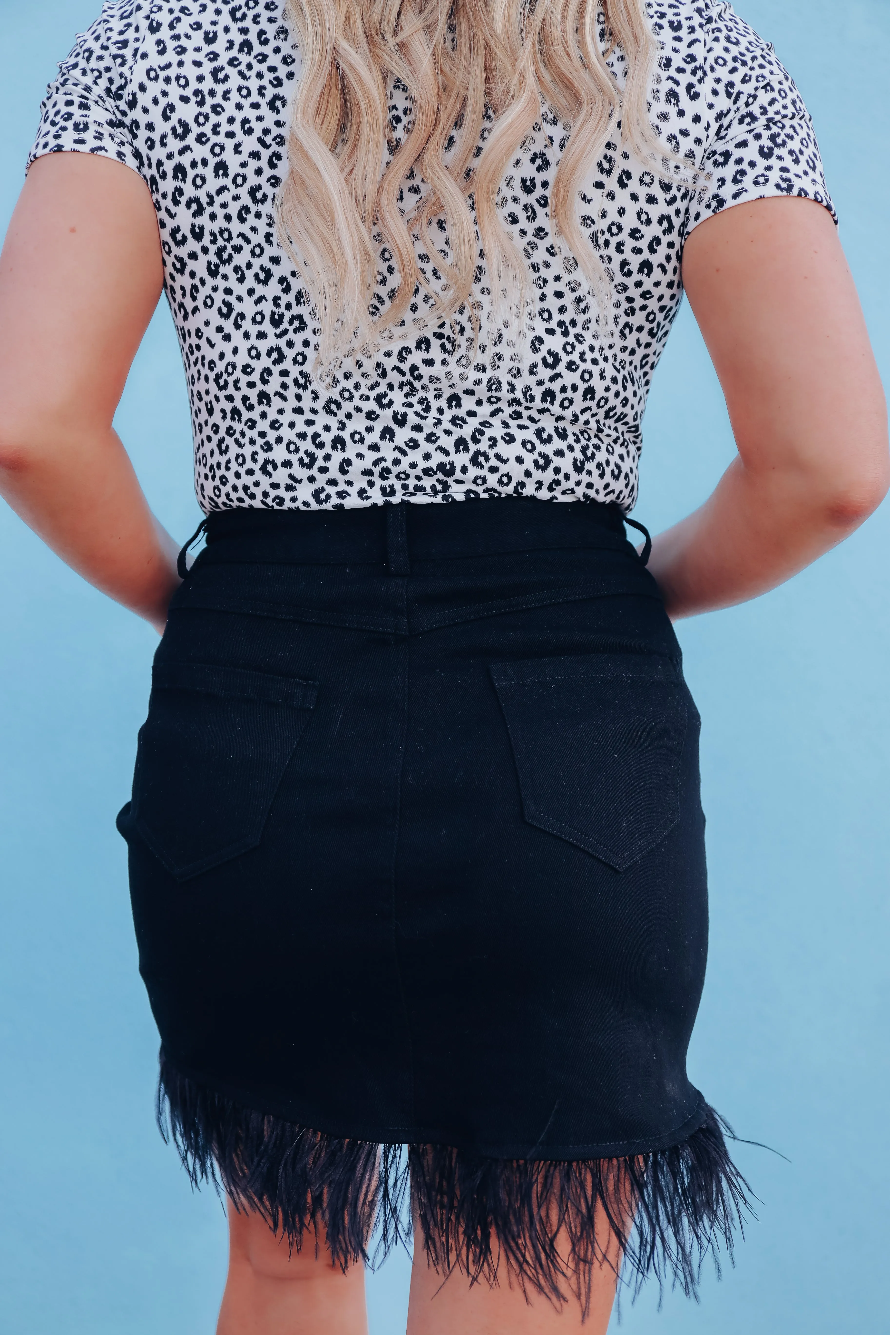 Feather Fringed Denim Skirt - Black