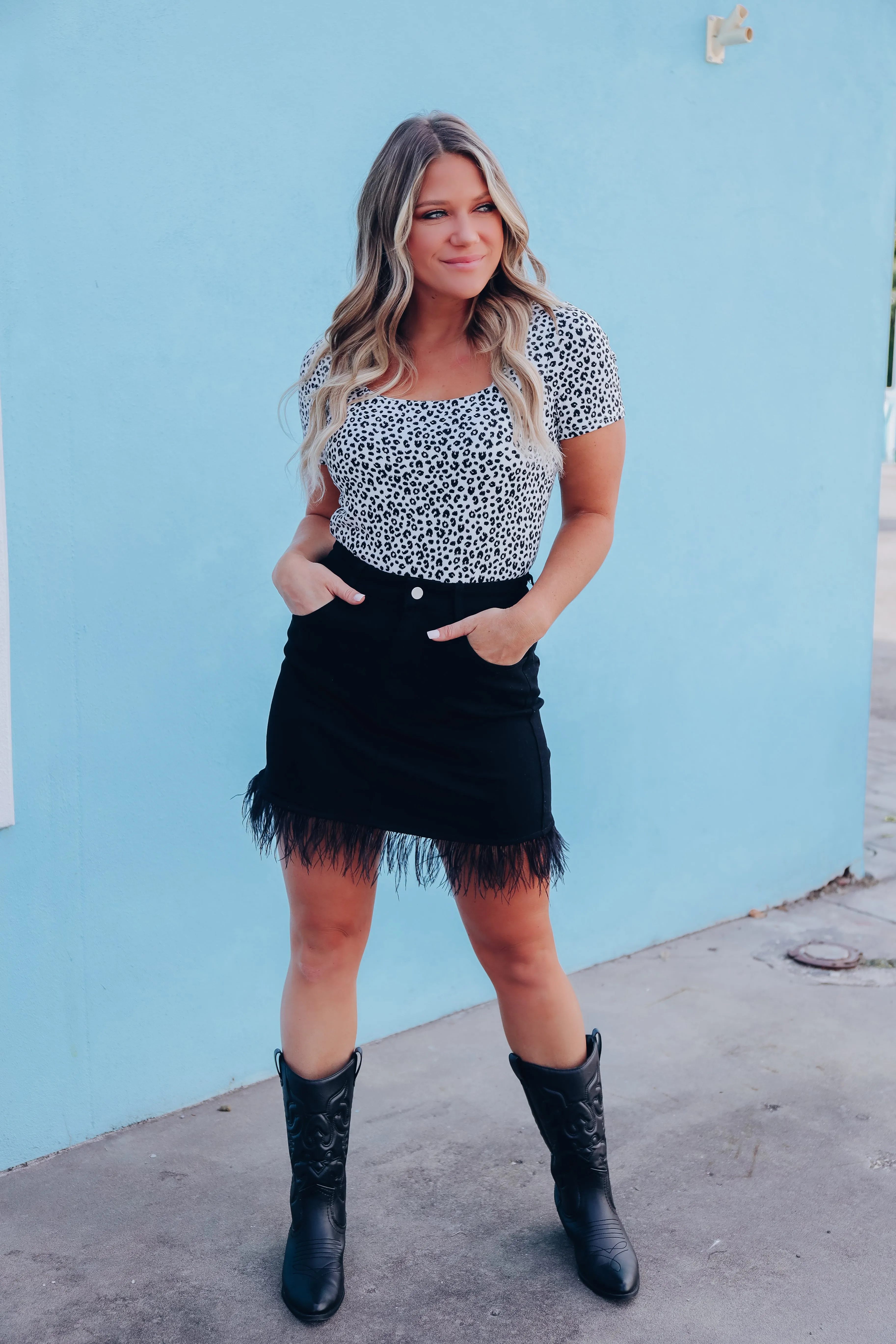 Feather Fringed Denim Skirt - Black