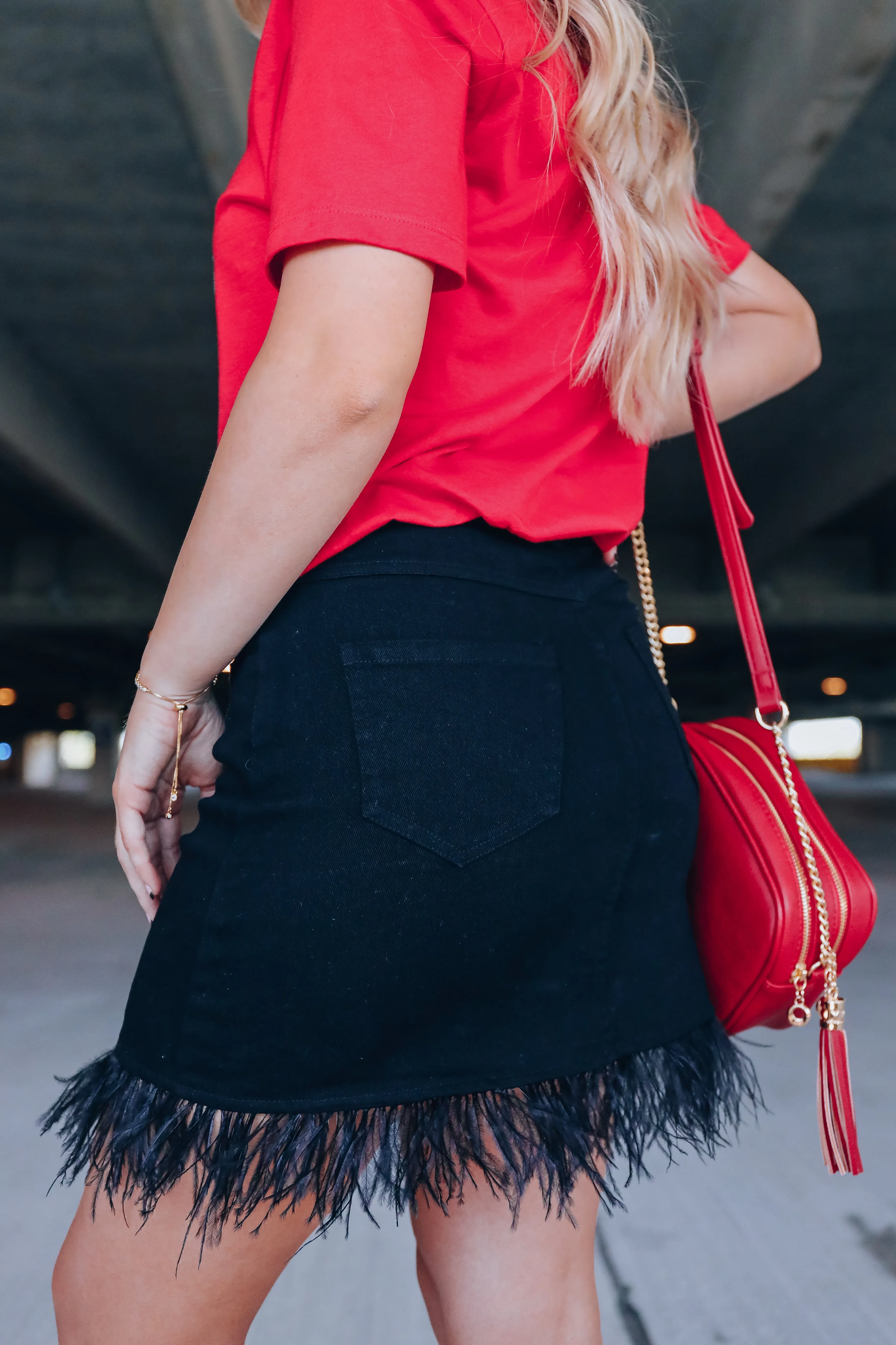 Feather Fringed Denim Skirt - Black
