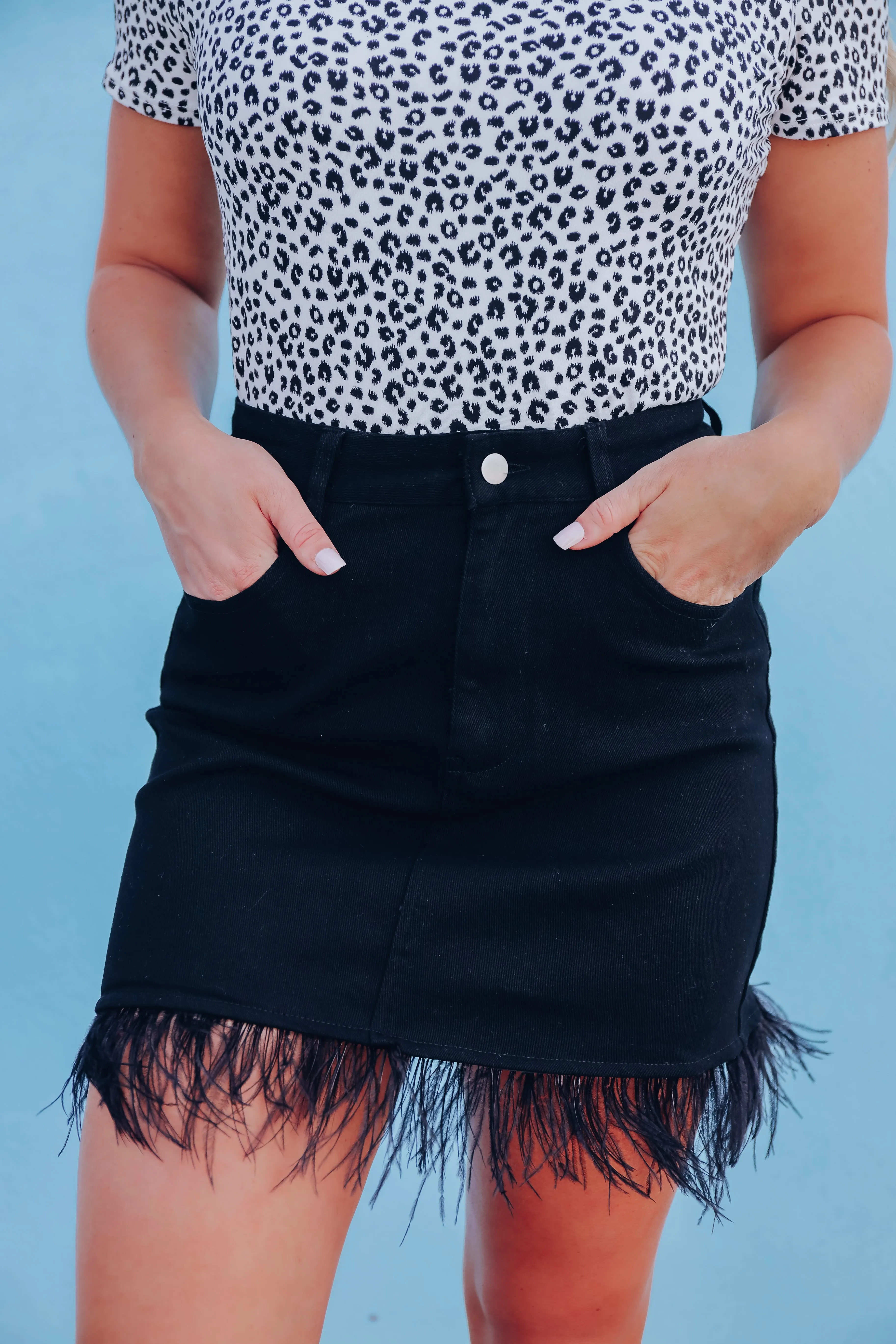 Feather Fringed Denim Skirt - Black