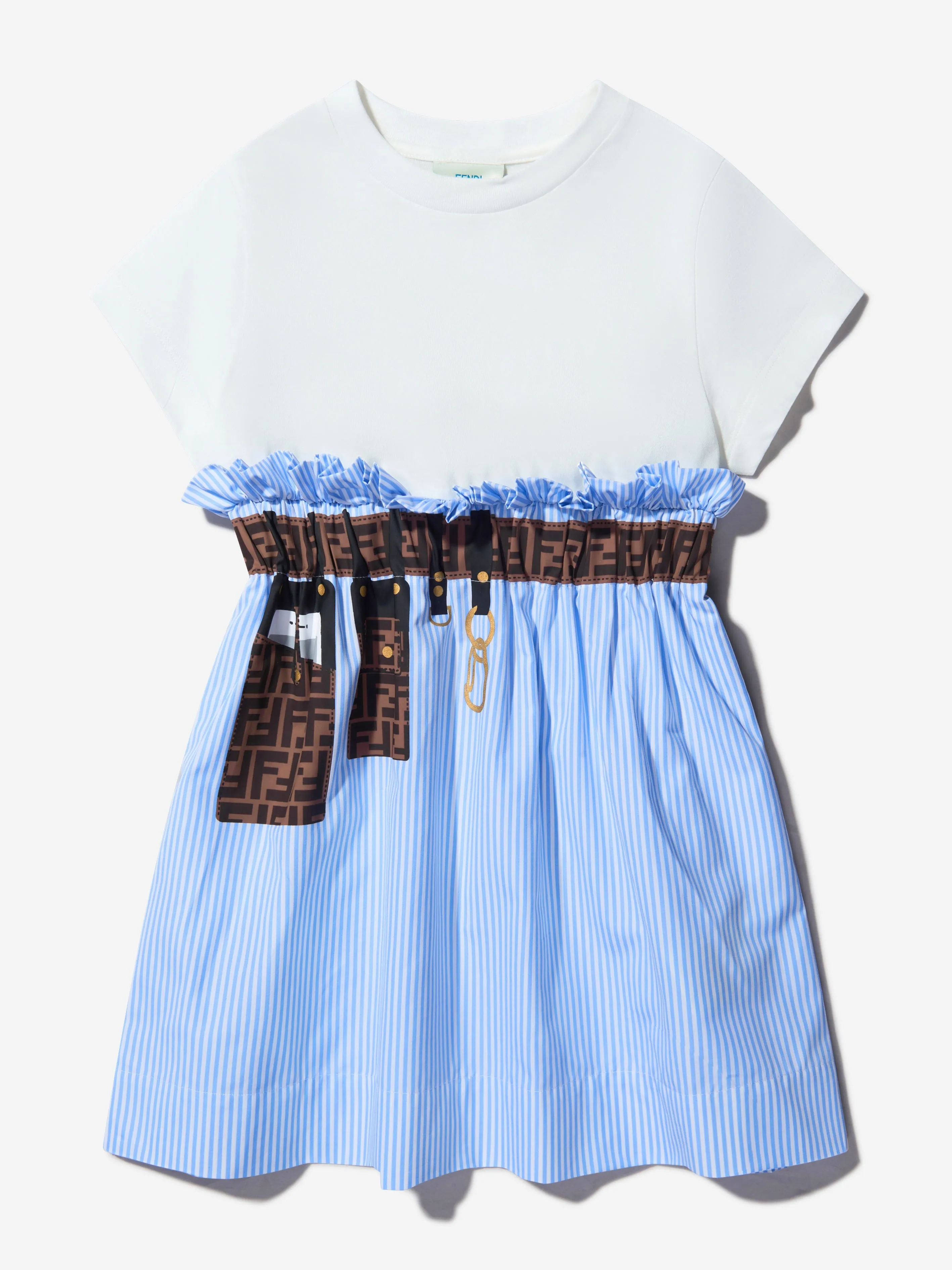 Fendi Girls Cotton Belt Print Striped Dress