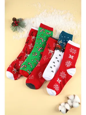 Fiery Red 5 Pairs Christmas Cartoon Elk Soft One Size Socks Set