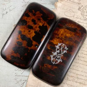 Fine Antique French Napoleon III Era Tortoise Shell and Silk Cigar Case, Spectacles Etui, Purse