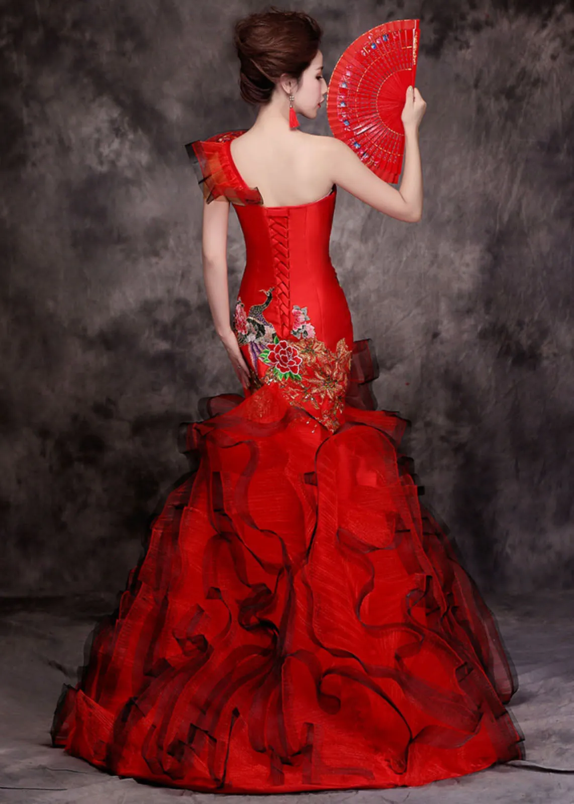 Fine Red One Shoulder Embroideried Patchwork Tulle Fishtail Long Dress Summer ML1562