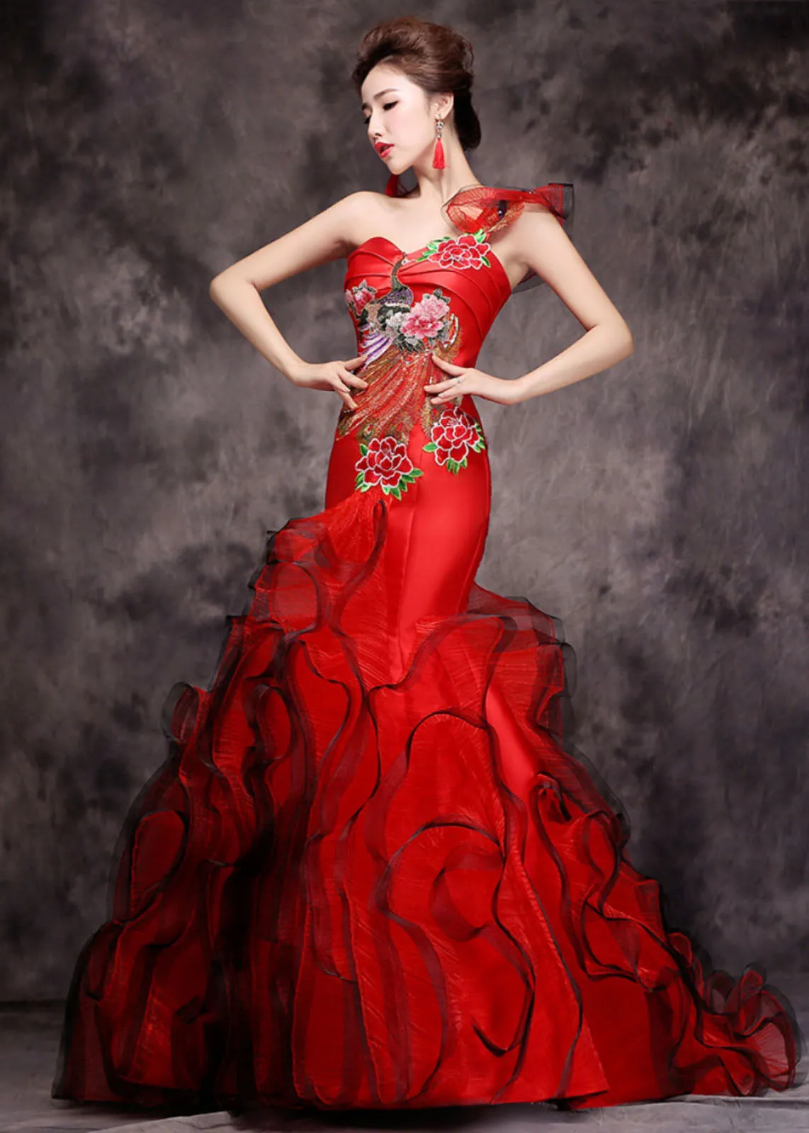 Fine Red One Shoulder Embroideried Patchwork Tulle Fishtail Long Dress Summer ML1562
