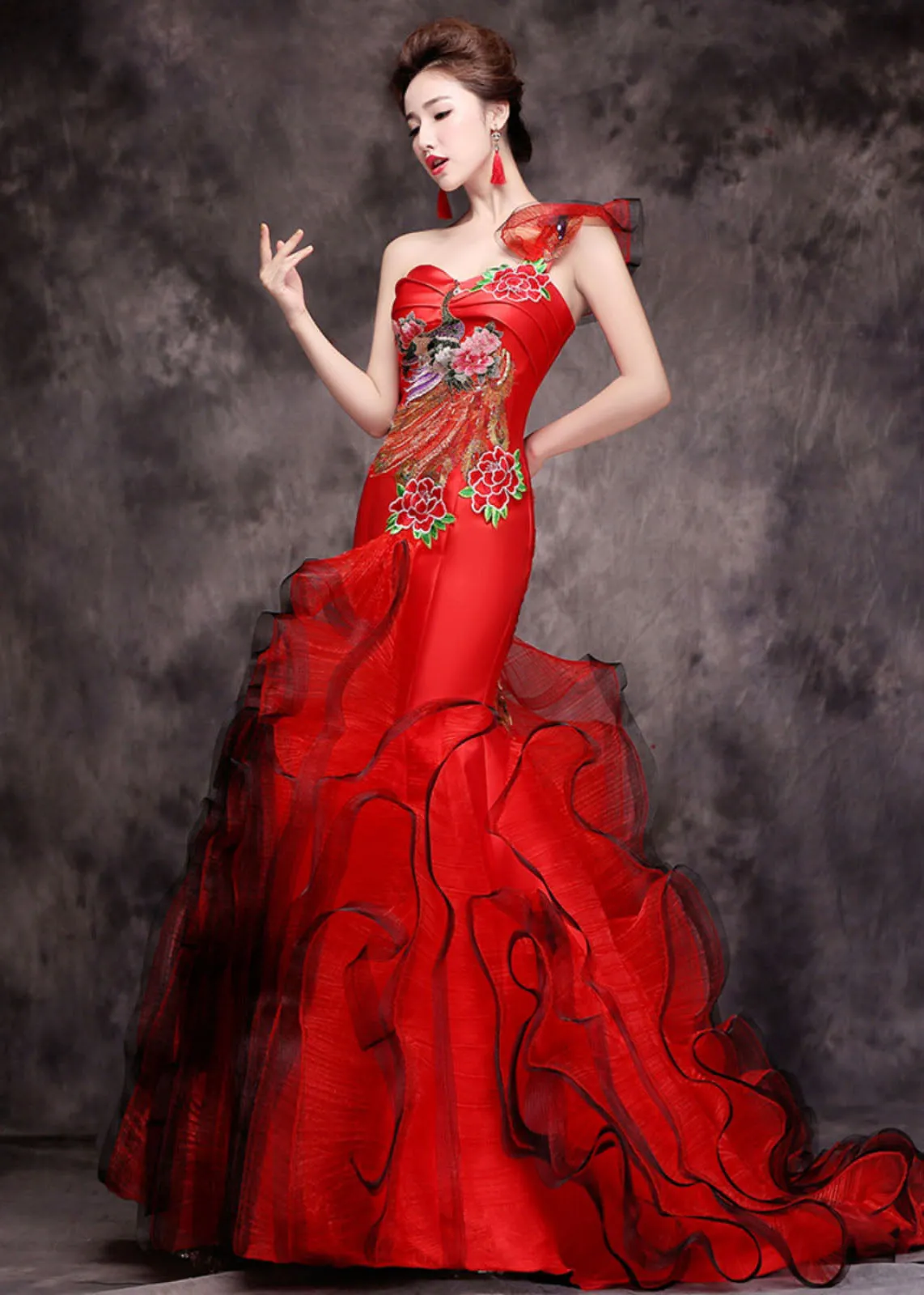 Fine Red One Shoulder Embroideried Patchwork Tulle Fishtail Long Dress Summer ML1562