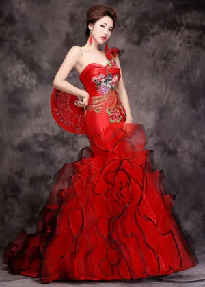Fine Red One Shoulder Embroideried Patchwork Tulle Fishtail Long Dress Summer ML1562
