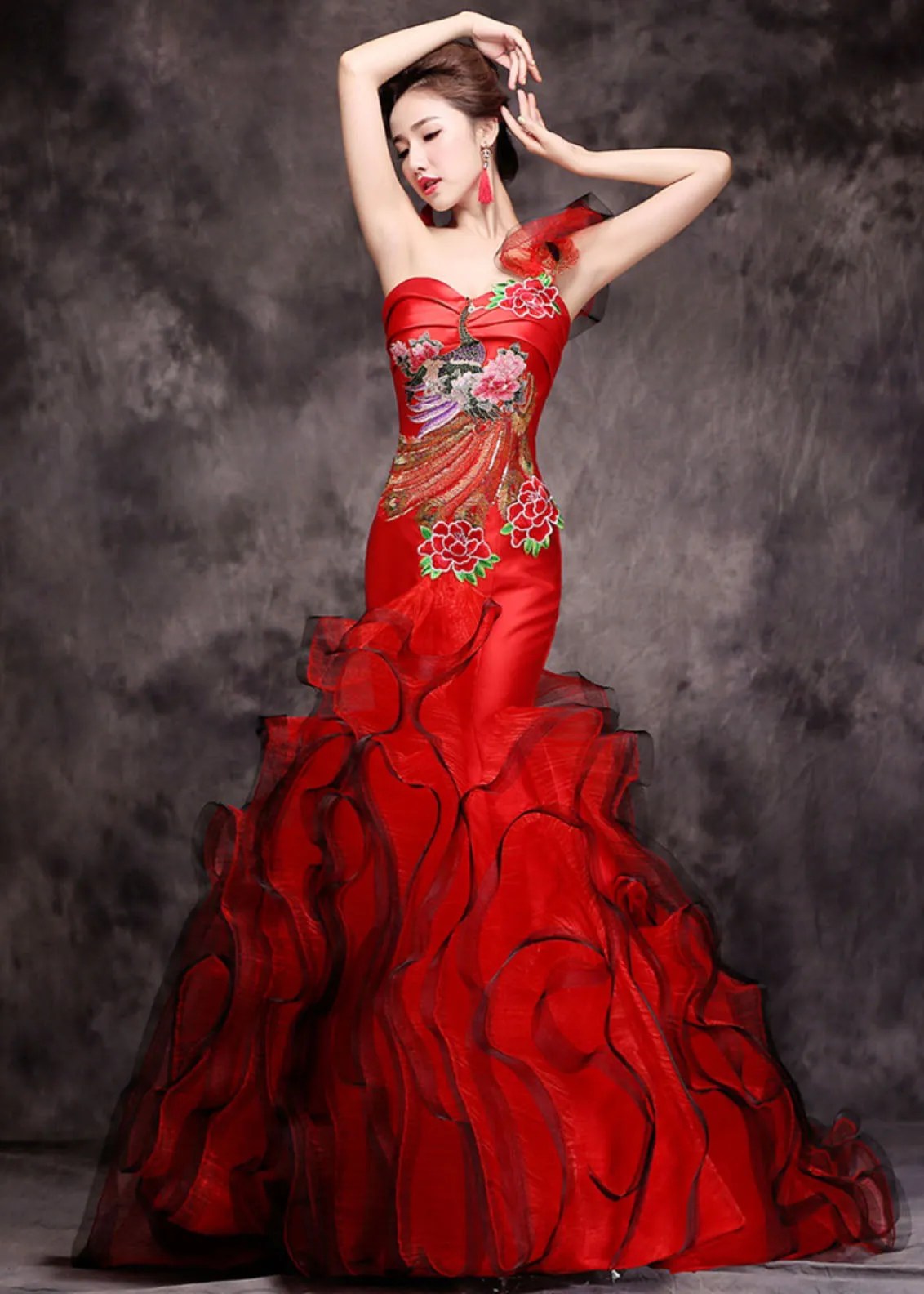 Fine Red One Shoulder Embroideried Patchwork Tulle Fishtail Long Dress Summer ML1562