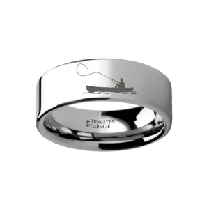 Fishing Boat Hunting Landscape Scene Engraved Flat Polished Tungsten Wedding Ring for Men and Women - 4MM - 12MM